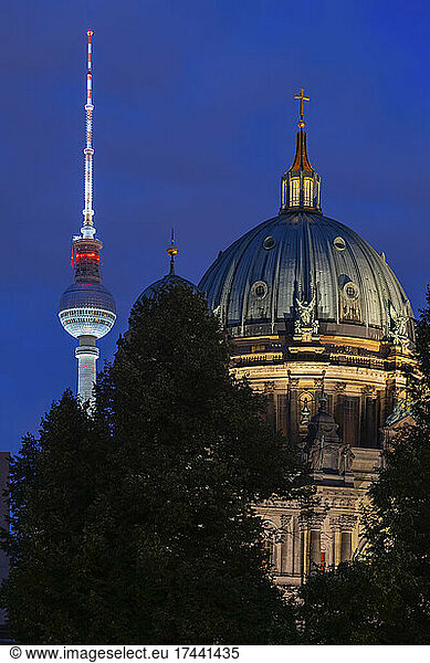 Germany  Berlin  Dome of Berlin Cathedral at night with Berlin Television Tower in background