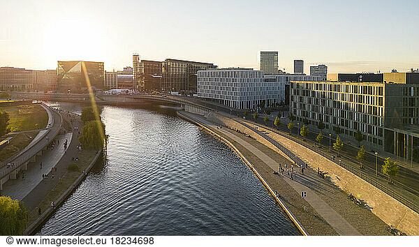 Germany  Berlin  Elevated view of Spree river flowing through city at sunset