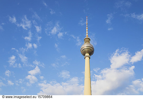 Germany  Berlin  Low angle view of Berlin TV Tower standing against clouds