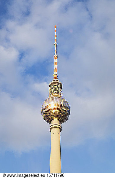 Germany  Berlin  Low angle view of Berlin TV Tower standing against clouds