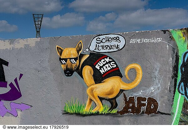 Germany  Berlin  07. 05. 2020  Mauerpark  GraffitiMauer  Graffiti by graffiti artist Eme Freethinker  Dog  Fuck Alternative  Fuck Nazis  AfD  Europe