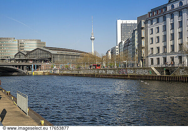 Germany  Berlin  River Spree with Berlin Friedrichstrasse Station and Berlin Television Tower in background