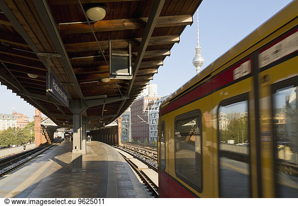 Germany  Berlin  S-Bahn station Hackescher Markt with driving commuter line