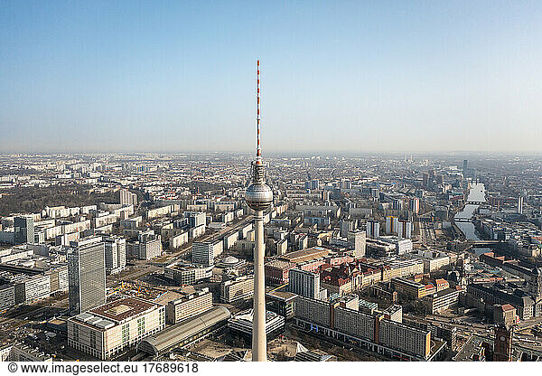Germany  Berlin  View of Fernsehturm Berlin and surrounding cityscape
