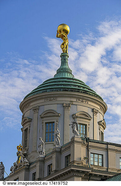 Germany  Brandenburg  Potsdam  Golden statue of Atlas standing on top of Old Town Hall dome