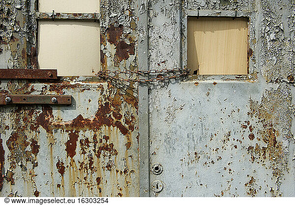 Germany  Brandenburg  Wustermark  Olympic village 1936  detail of rusted garage door