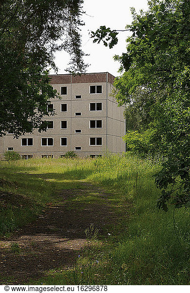 Germany  Brandenburg  Wustermark  Olympic village 1936  facade of decaying concrete tower block
