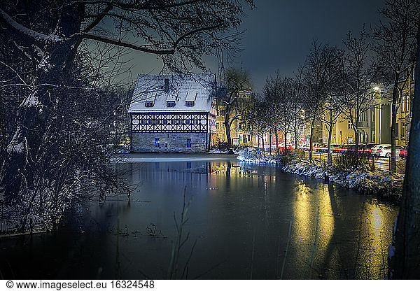 Germany  Coburg  Rosenau Castle and pond Rittersteich at night