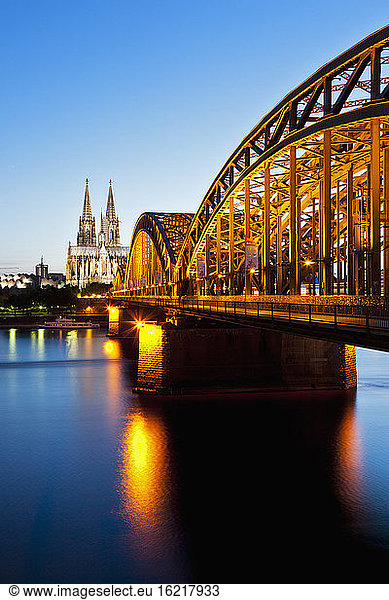 Germany  Cologne  View of Cologne Cathedral and Hohenzollern Bridge with River Rhine