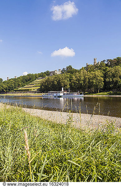 Germany  Dresen  Paddlesteamer on Elbe river passing the three Elbe Castles