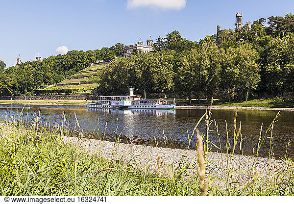 Germany  Dresen  Paddlesteamer on Elbe river passing the three Elbe Castles