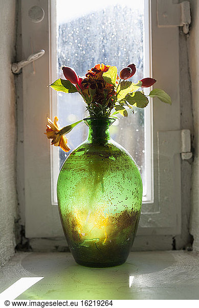 Germany  Flowers in old vase at window of an farmhouse