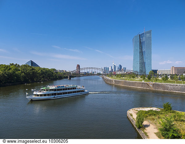 Germany  Frankfurt  European Central Bank with tourboat on River Main