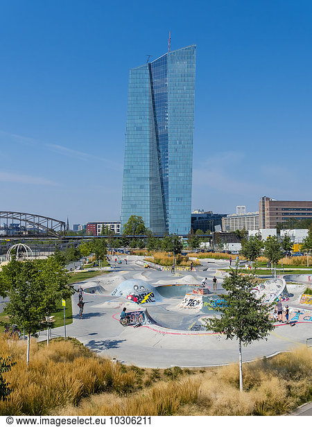 Germany  Frankfurt  skate park Hafenpark with European Central Bank in the background