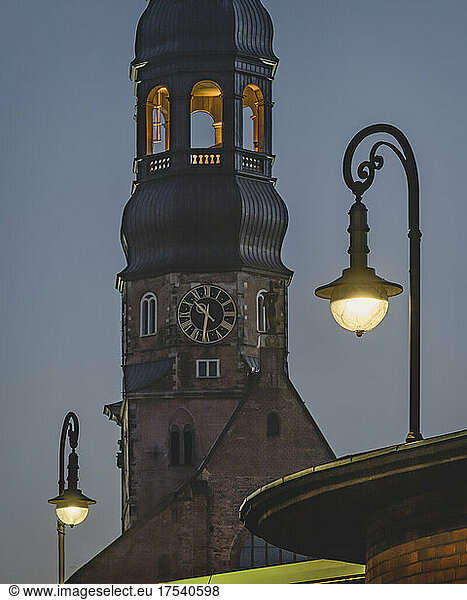 Germany  Hamburg  Bell tower of Saint Catherines Church at dusk