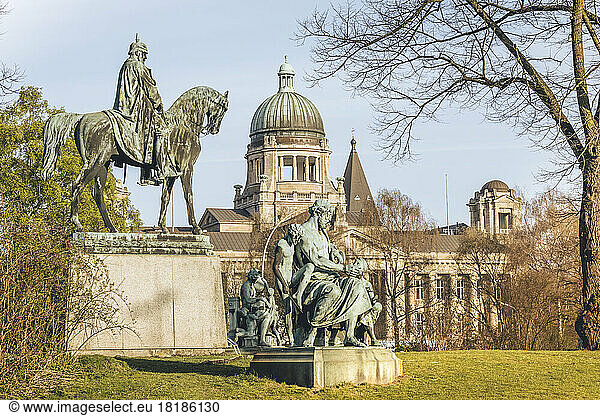 Germany  Hamburg  Equestrian statue of Kaiser Wilhelm I with Hanseatic Higher Regional Court in background