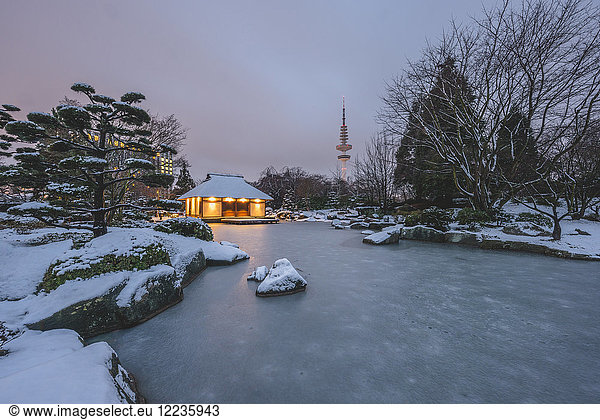 Germany  Hamburg  Japanese garden at Planten un Blomen park and Heinrich-Hertz Tower in winter