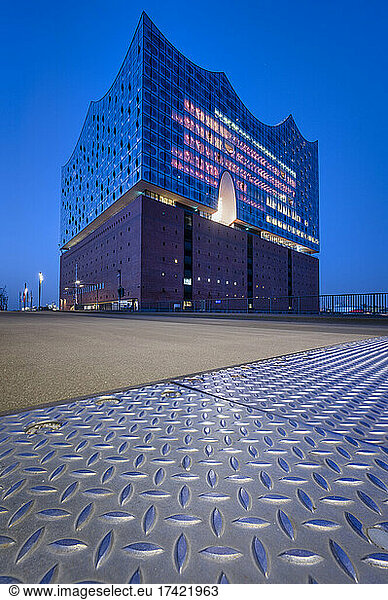 Germany  Hamburg  Metal flooring in front of Elbphilharmonie hall at dawn