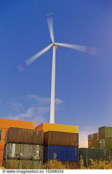 Germany  Hamburg  Port Of Hamburg  wind wheel and container at Eurogate