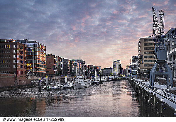 Germany  Hamburg  Sandtorhafen at sunset e in winter