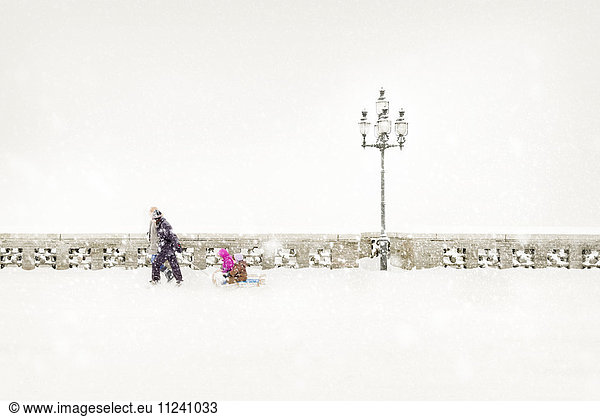 Germany  Hamburg  two pedestrian pulling two children on sleds in blowing snow on Krugkoppelbruecke