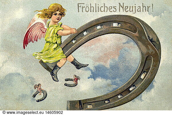 Germany  1903  Happy New Year postcard  angel  horseshoe  lucky charm  luck  symbol  symbolic  good wishes  kitsch  lithograph  illustration