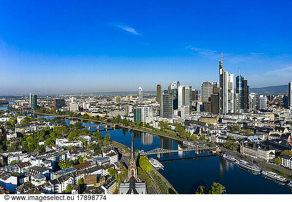 Germany  Hesse  Frankfurt  Aerial view of river Main and downtown skyscrapers