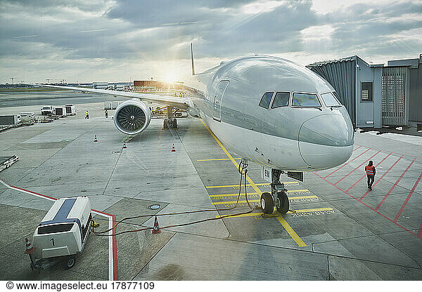 Germany  Hesse  Frankfurt  Commercial airplane waiting on airport tarmac