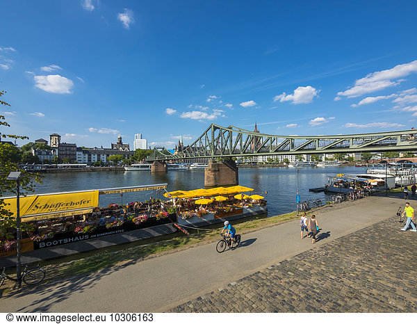 Germany  Hesse  Frankfurt  Restaurant ship  Main river  Eiserner Steg bridge in the background