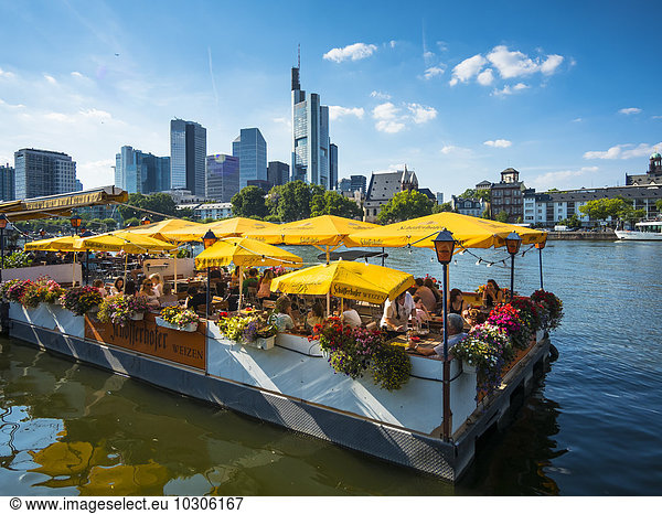 Germany  Hesse  Frankfurt  Restaurant ship  Main river  Financial district in the background