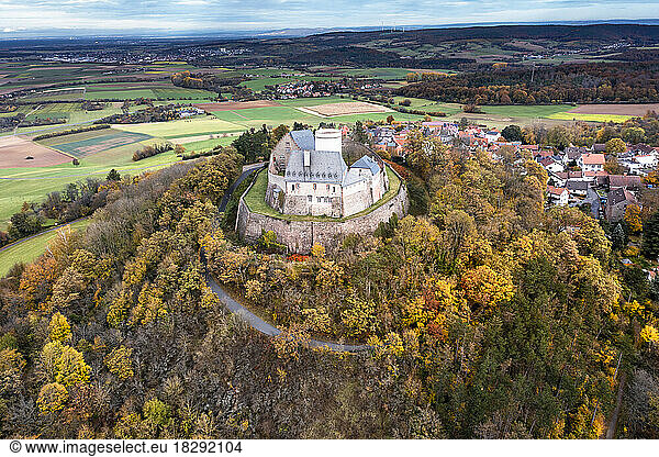 Germany  Hesse  Hering  Aerial view of Otzberg Castle in autumn