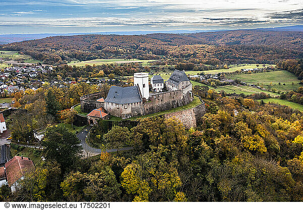 Germany  Hesse  Hering  Helicopter view of Otzberg Castle in autumn