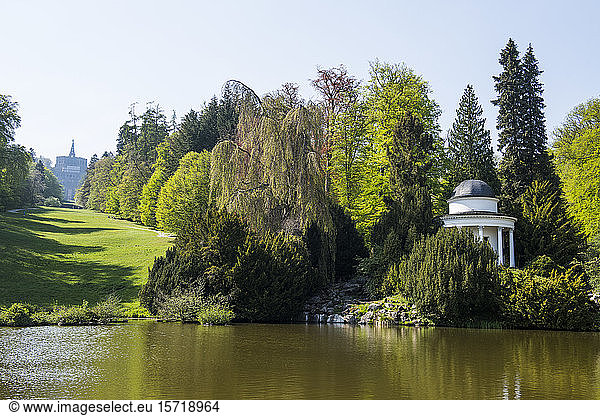 Germany  Hesse  Kassel  Pond and trees in Bergpark Wilhelmshohe