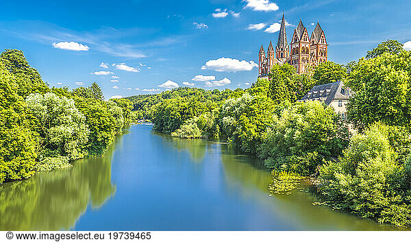 Germany  Hesse  Limburg-Weilburg  River Lahn in summer with Limburg Cathedral in background