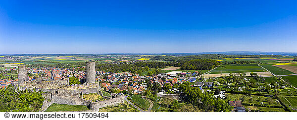 Germany  Hesse  Munzenberg  Helicopter view of Munzenberg Castle and surrounding village in summer
