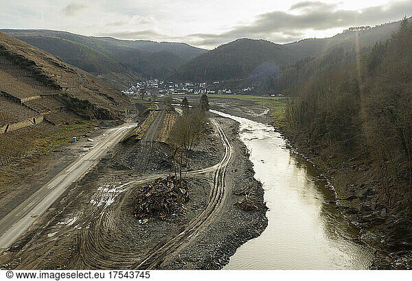 Germany  Mayschoss  Aerial view ofÊAhrÊvalley destroyed by flood