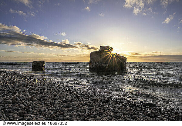 Germany  Mecklenburg-Vorpommern  Wustrow  Old coastal bunker at sunset