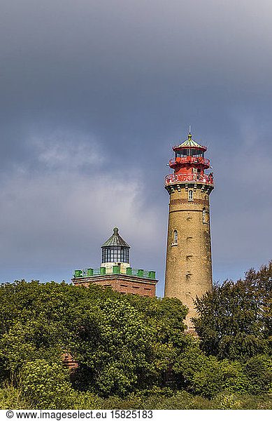 Germany  Mecklenburg-West Pomerania  Ruegen Island  Cape Arkona  Lighthouses  Schinkel tower and round tower on cloudy day
