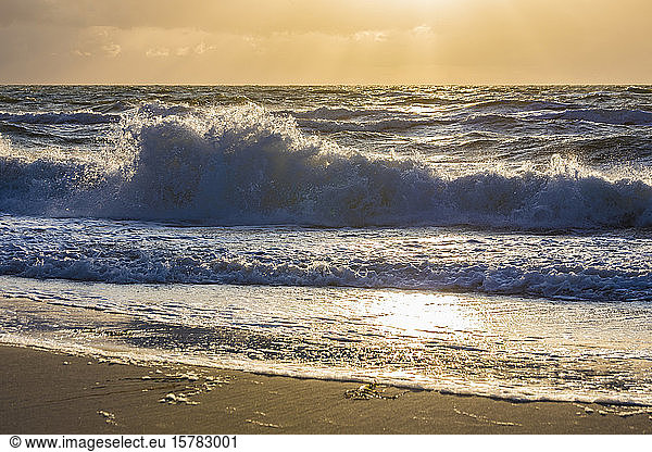 Germany  Mecklenburg-Western Pomerania  Prerow  Waves brushing sandy coastal beach of Baltic Sea at dusk