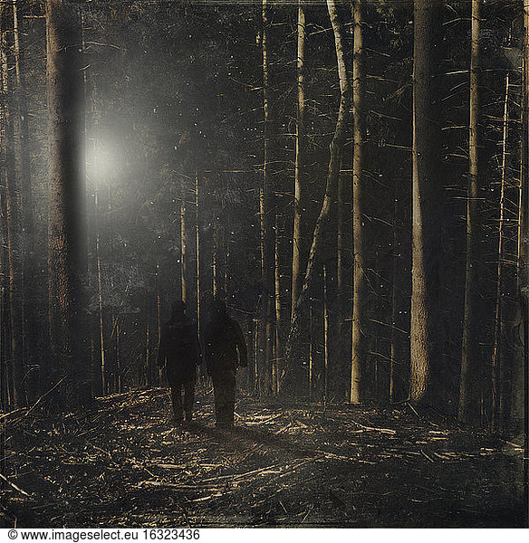 Germany  near Wuppertal  two persons in forest  Digital Composite