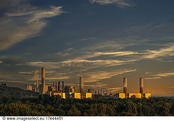 Germany  North Rhine-Westphalia  Grevenbroich  Lignite power station at moody dusk