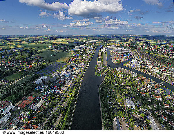 Germany  North Rhine-Westphalia  Minden  Aerial view of town along Mittelland Canal