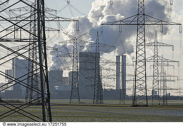 Germany  North Rhine Westphalia  Niederaussem  Electricity pylons near lignite power station