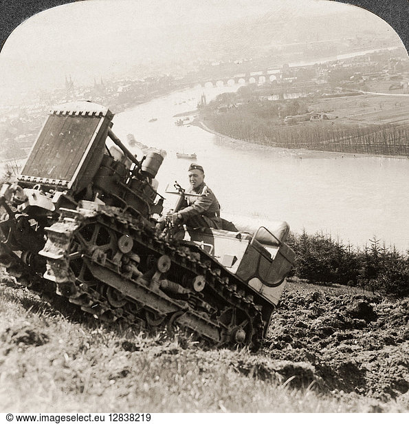 GERMANY: OCCUPATION c1918. U.S. Army tractor negotiating the steep declivities of the Rhine at Coblenz Germany during the Allied occupation after World War I. Stereograph c1918.