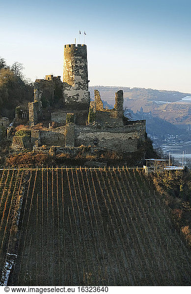 Germany  Rheindiebach  view to ruin of Fuerstenberg Castle