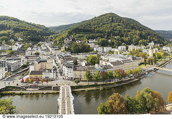 Germany  Rhineland-Palatinate  Bad Ems  View of spa town on Lahn river and surrounding hills in summer
