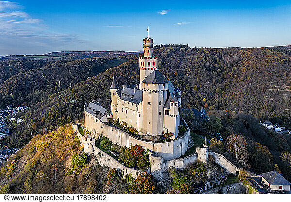 Germany  Rhineland-Palatinate  Braubach  Aerial view of Marksburg castle overlooking Rhine Gorge in autumn