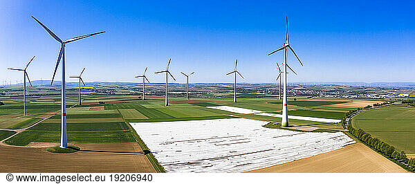 Germany  Rhineland-Palatinate  Gabsheim  Helicopter view of countryside wind farm in summer