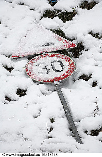 Germany  Road sign in snow