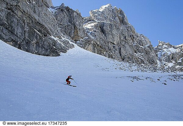 Germany's longest ski run through the unprepared Dammkar Mittenwald Upper Bavaria Germany Europe